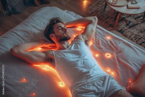 Man relaxing on illuminated bed with soft lights. photo