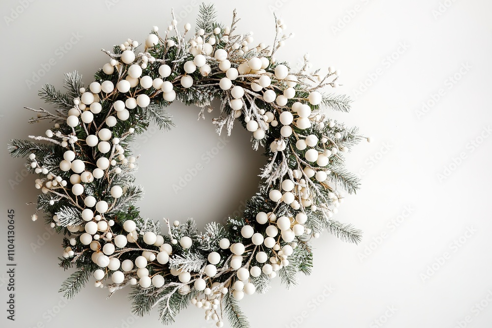 Elegant Christmas wreath with white berries on neutral backgroun Elegant Christmas wreath with white berries on neutral backgroun