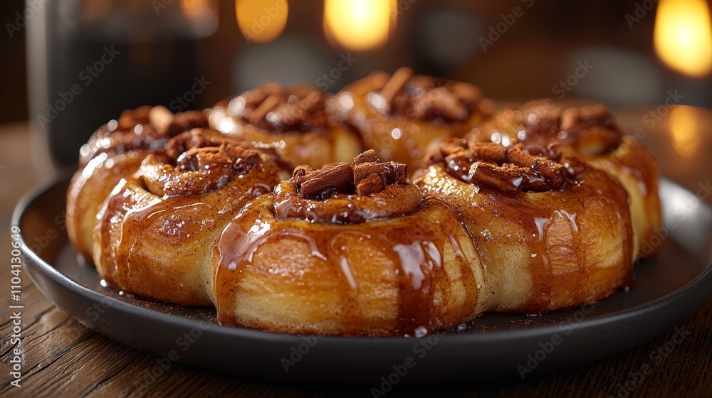 a plate of freshly-baked cinnamon rolls on a wooden table, with a blurred background The rolls are golden-brown in color and have a flaky, buttery texture They ar a plate of freshly-baked cinnamon rolls on a wooden table, with a blurred background The rolls are golden-brown in color and have a flaky, buttery texture They ar