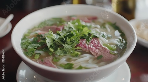  a bowl of pho ga with meat and vegetables on a table, accompanied by a plate, spoon, and other objects The background is slightly blurred, giving the focus to the