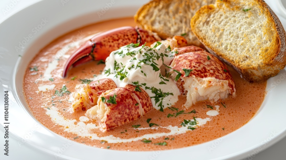 a white plate topped with a lobster bisque and a piece of bread The lobster is cooked to perfection, with a golden-brown crust and a juicy, succulent interior The a white plate topped with a lobster bisque and a piece of bread The lobster is cooked to perfection, with a golden-brown crust and a juicy, succulent interior The