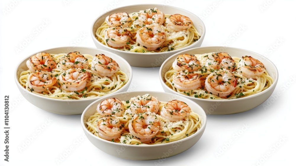 three bowls of pasta with shrimp on a white background The bowls are filled with a creamy sauce and the shrimp are cooked to perfection, giving off a delicious aro three bowls of pasta with shrimp on a white background The bowls are filled with a creamy sauce and the shrimp are cooked to perfection, giving off a delicious aro