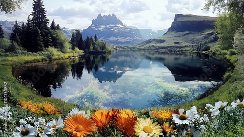 A vibrant Snake River Bend in spring, the snake-head shape of the river accentuated by colorful wildflowers along the grassy banks, sharp bends forming natural patterns in the water, photo