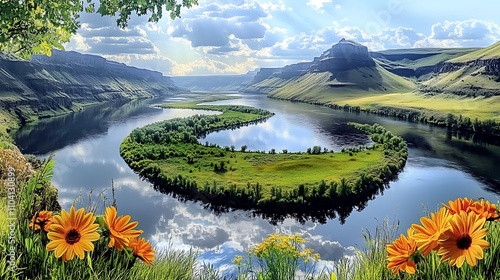 A vibrant Snake River Bend in spring, the snake-head shape of the river accentuated by colorful wildflowers along the grassy banks, sharp bends forming natural patterns in the water, photo