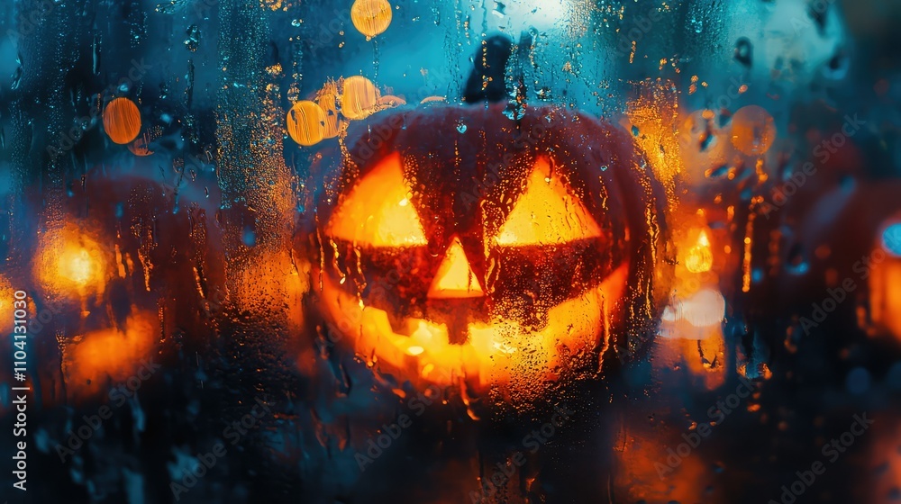 Fototapeta premium Halloween background with pumpkin and lantern on a wooden table, autumn leaves decoration. Copy space for text. Halloween concept. Autumn template design banner. Festive bokeh lights