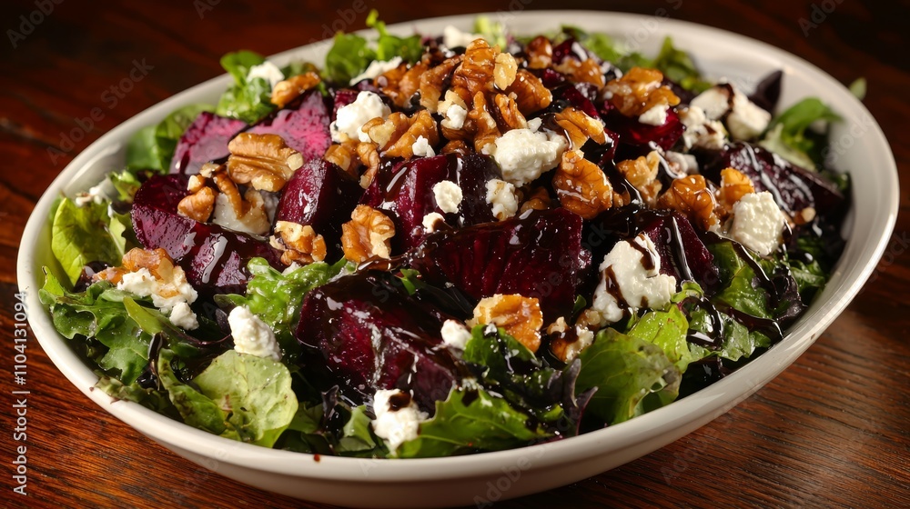 a white bowl filled with a salad of beets, walnuts, and feta cheese on top of a wooden table The beets are a deep red color, the walnuts are a light brown, and the a white bowl filled with a salad of beets, walnuts, and feta cheese on top of a wooden table The beets are a deep red color, the walnuts are a light brown, and the