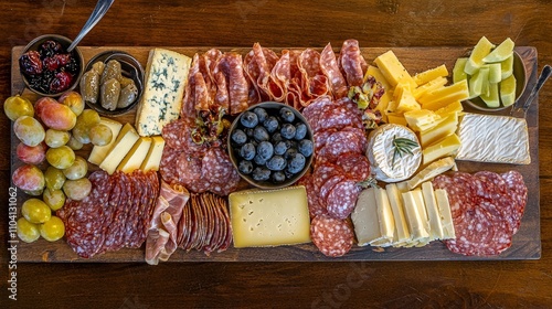  a wooden platter filled with a variety of meats and cheeses, as well as a bowl of grapes There are also spoons placed on the platter, suggesting that the food is r photo