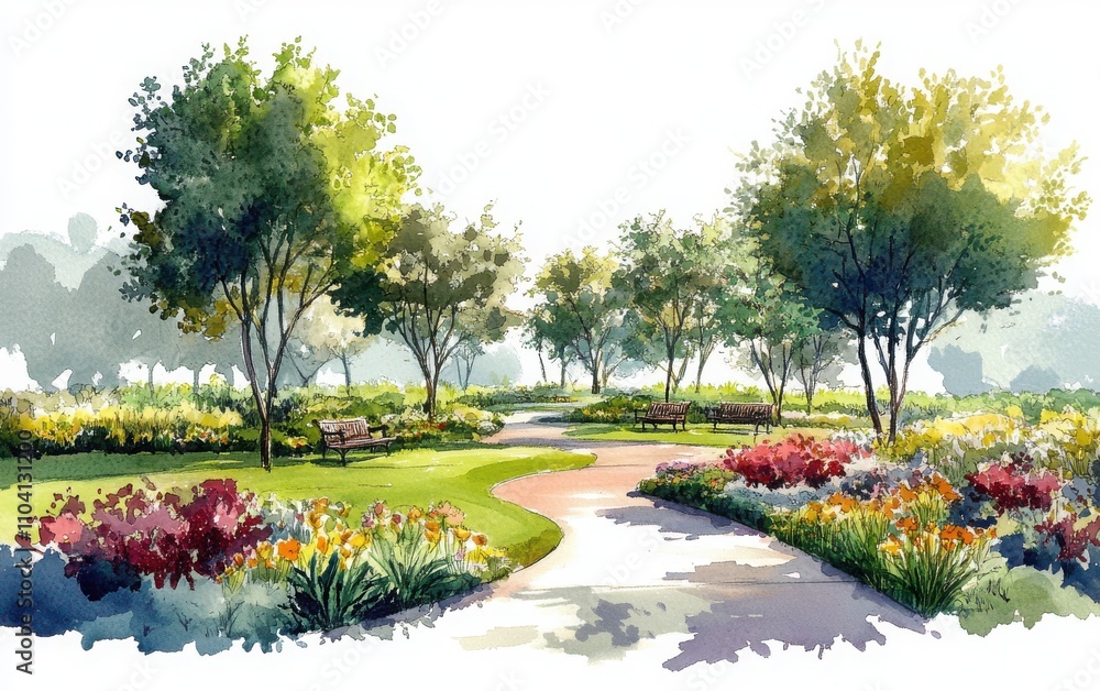 Fototapeta premium A relaxing watercolor sketch of a circular garden surrounded by blooming flowers, green grass, and tall trees. 