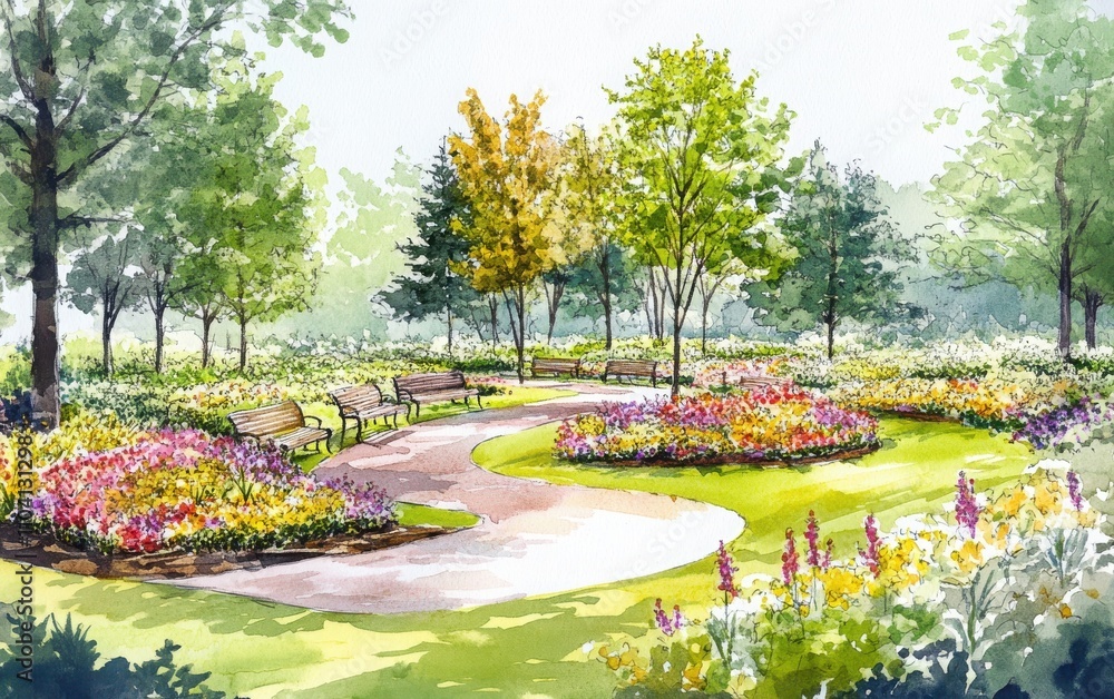 Obraz premium A relaxing watercolor sketch of a circular garden surrounded by blooming flowers, green grass, and tall trees. 