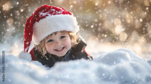 Child in Santa hat peeks out from snow