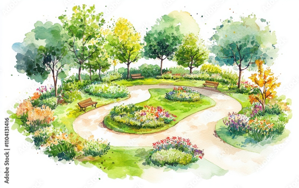 Obraz premium A watercolor-style illustration of a circular garden in an open park, showcasing vibrant green grass, trees, and colorful flowers.
