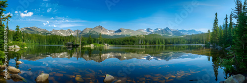 Tranquil Mountain Lake with Lush Forests and Majestic Peaks Reflecting in Clear Water on a Sunny Day