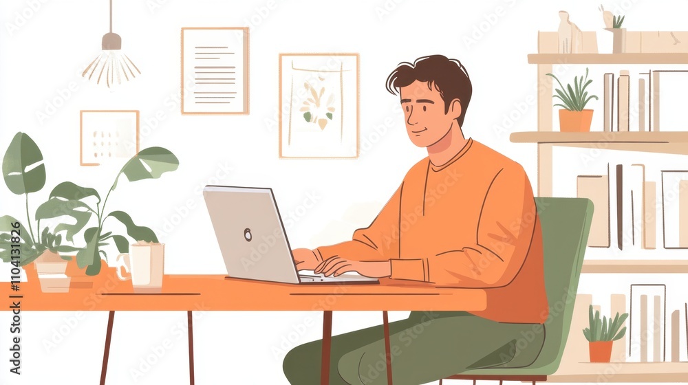 Focused man working on laptop in home office
Focused man working on laptop in home office