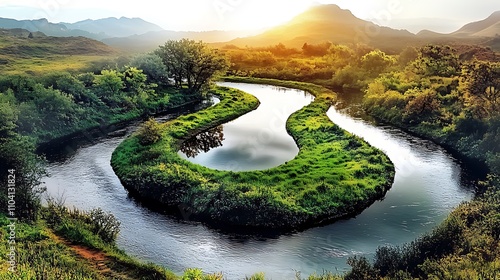 A winding river shaped like a snake’s head, its sharp bends forming fangs, surrounded by lush green grassy banks that resemble scales, illuminated by golden sunlight under a wide, clear blue sky, photo