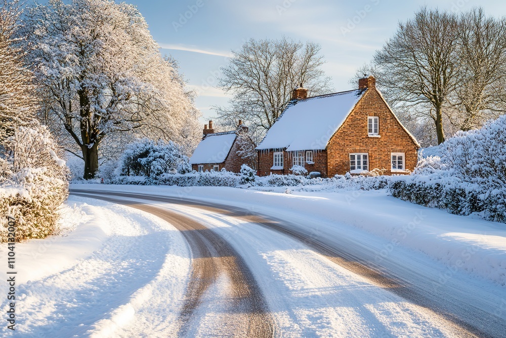 Snow-covered houses by road in serene winter landscape Snow-covered houses by road in serene winter landscape
