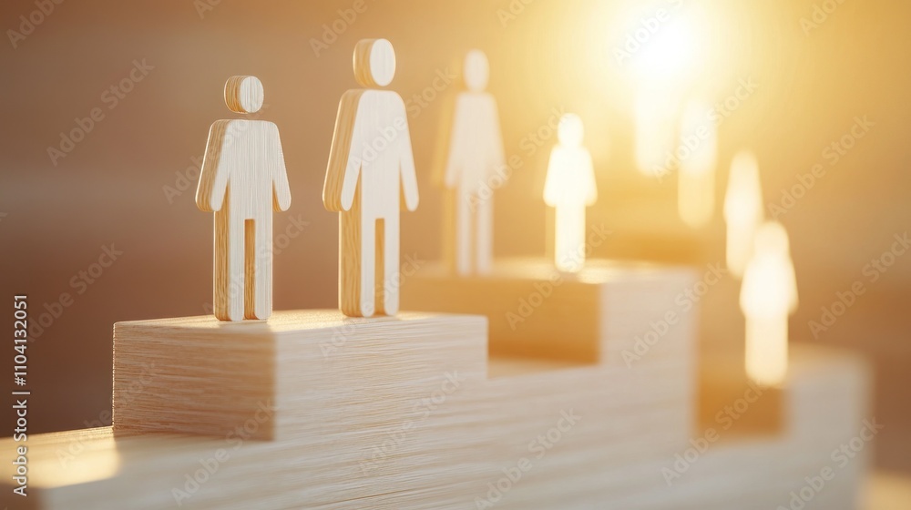 Wooden figures ascending steps in glowing light Wooden figures ascending steps in glowing light