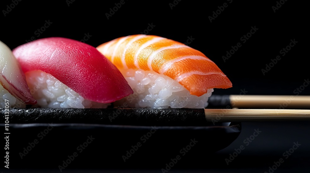 a black plate with three pieces of sushi on it, accompanied by a pair of chopsticks The sushi is arranged neatly on the plate, and the chopsticks are placed beside a black plate with three pieces of sushi on it, accompanied by a pair of chopsticks The sushi is arranged neatly on the plate, and the chopsticks are placed beside