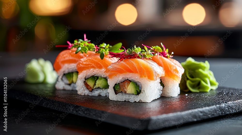a black plate topped with sushi and vegetables on top of a table, with a blurred background The sushi is likely from a sushi restaurant, as indicated by the sign i a black plate topped with sushi and vegetables on top of a table, with a blurred background The sushi is likely from a sushi restaurant, as indicated by the sign i