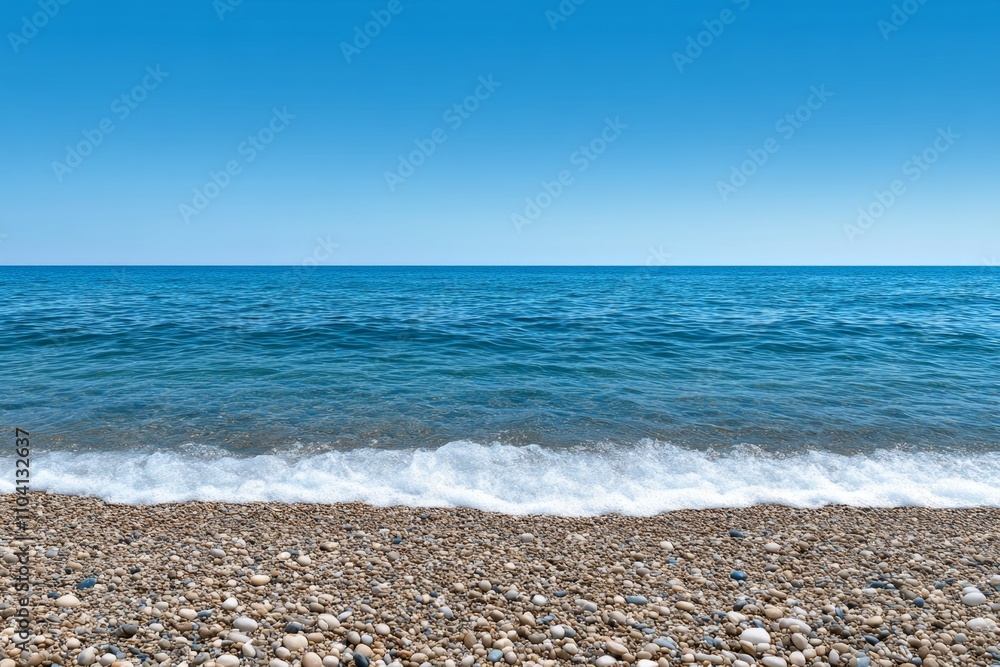 A peaceful beach scene with gentle blue waves lapping at the shore and a clear sky above A peaceful beach scene with gentle blue waves lapping at the shore and a clear sky above