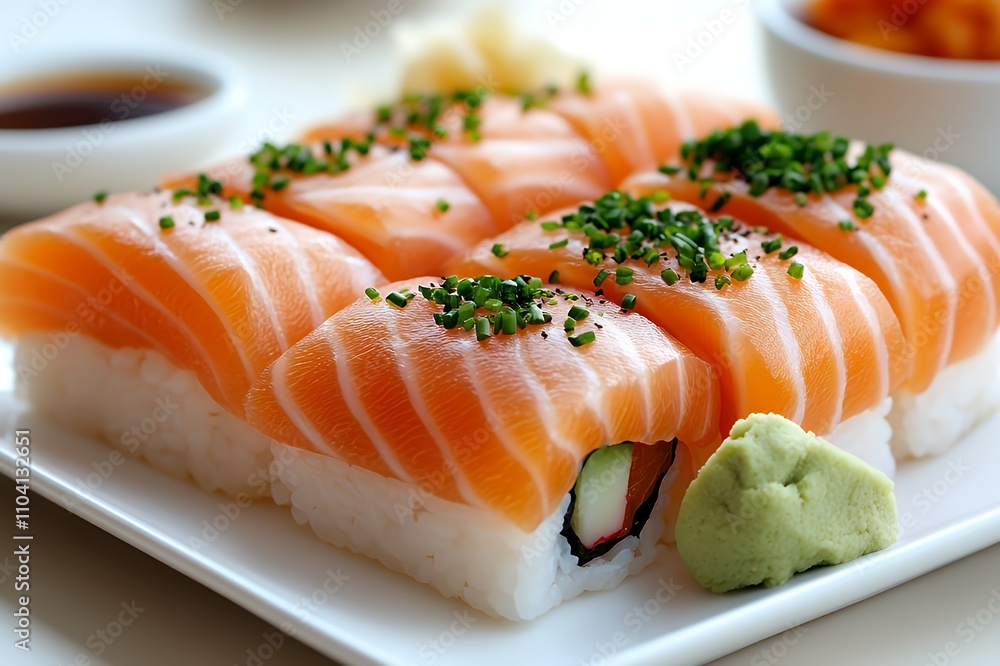 A plate of sushi featuring salmon, rice, and wasabi, garnished with chives. A plate of sushi featuring salmon, rice, and wasabi, garnished with chives.