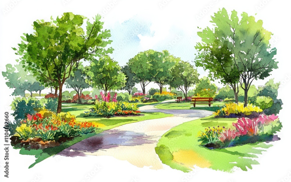 Fototapeta premium A wide-perspective watercolor drawing of a circular garden in an open park, featuring green grass, trees, and vibrant flowers. 