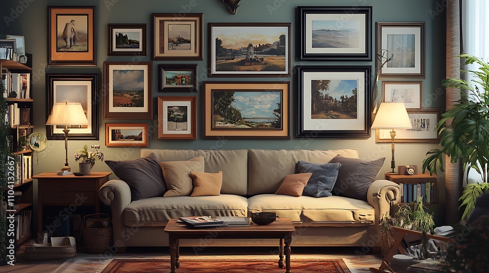Fototapeta premium A cozy living room with a gallery wall filled with framed art and personal photos