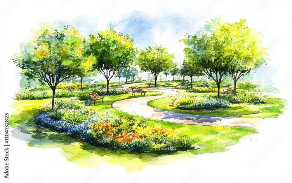 Fototapeta premium A wide-perspective watercolor drawing of a circular garden in an open park, featuring green grass, trees, and vibrant flowers. 
