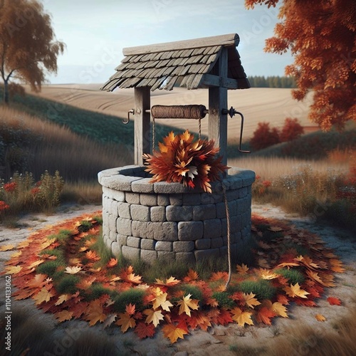 Stone wishing well adorned with autumn leaves in a rolling field. photo