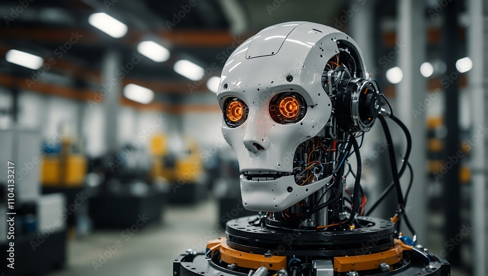 Advanced robotic head in a modern manufacturing facility. Advanced robotic head in a modern manufacturing facility.