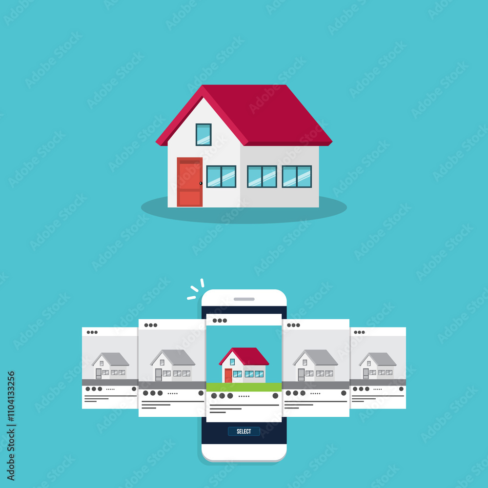 Fototapeta premium House for rent. Smartphone app with house icons, house for rent or sale ,house selection.