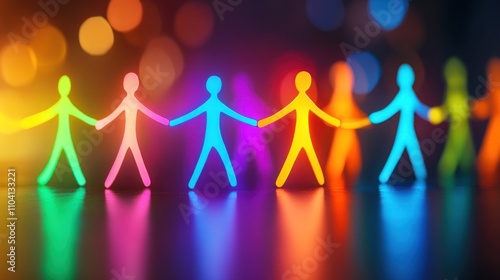Glowing neon stick figures holding hands in circle