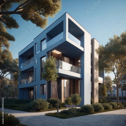 Modern apartment building with a geometric design and blue facade. photo