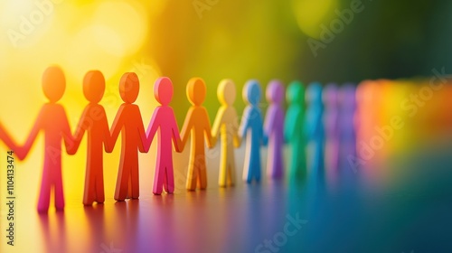 Multicolored figures stand in unity against radiant backdrop.