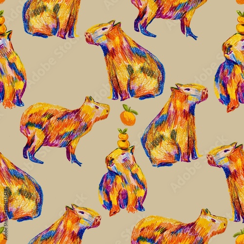 Capibara seamless pattern, hand drawn with pencil  photo