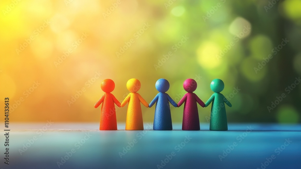 Diverse figures holding hands in a glowing sunlight scene Diverse figures holding hands in a glowing sunlight scene