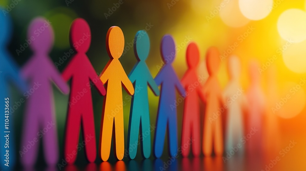 Colorful paper figures holding hands under warm sunlight Colorful paper figures holding hands under warm sunlight