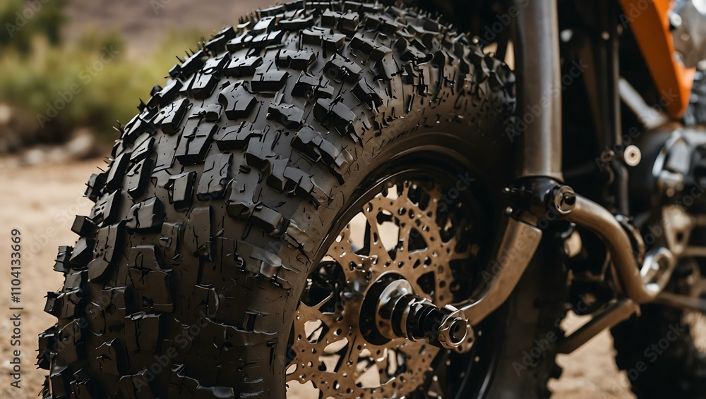 Adventure motorcycle’s rear tire close-up. Adventure motorcycle’s rear tire close-up.