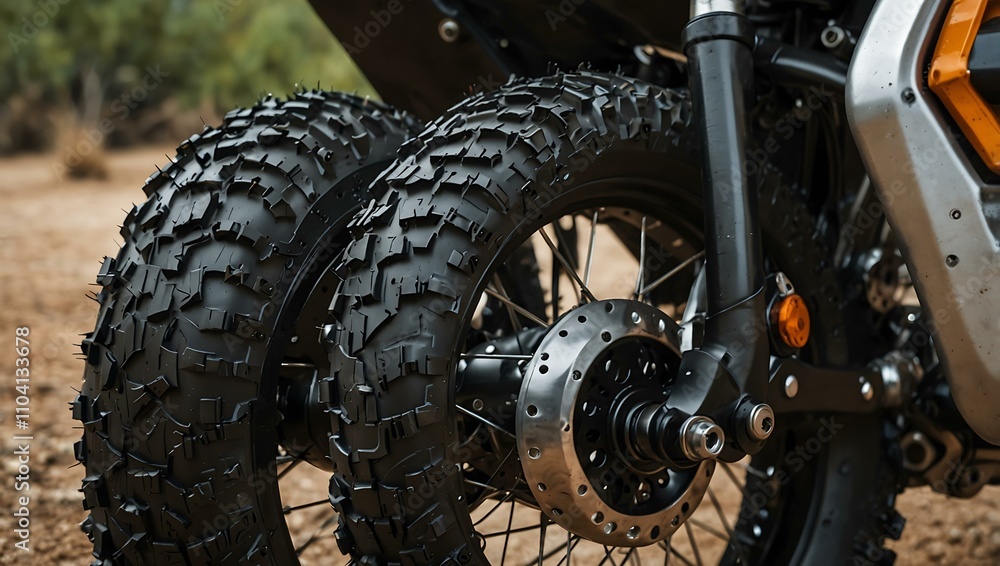 Adventure motorcycle’s rear tire close-up. Adventure motorcycle’s rear tire close-up.