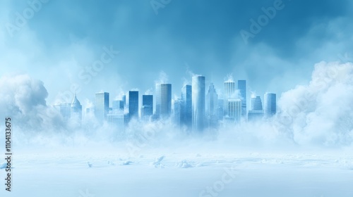  a city in the middle of a snowy field, with buildings in the background and clouds in the sky The image is animated, giving it a dynamic feel