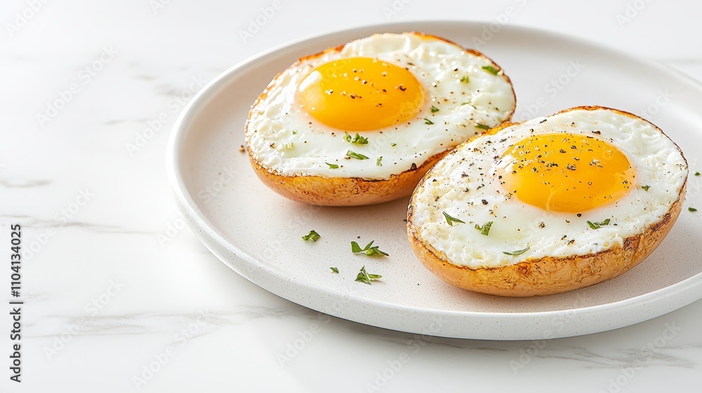 two fried eggs on top of a baked potato on a white plate The eggs are cooked to perfection, with a golden-brown yolk and a soft, runny yolk The plate is surrounde two fried eggs on top of a baked potato on a white plate The eggs are cooked to perfection, with a golden-brown yolk and a soft, runny yolk The plate is surrounde