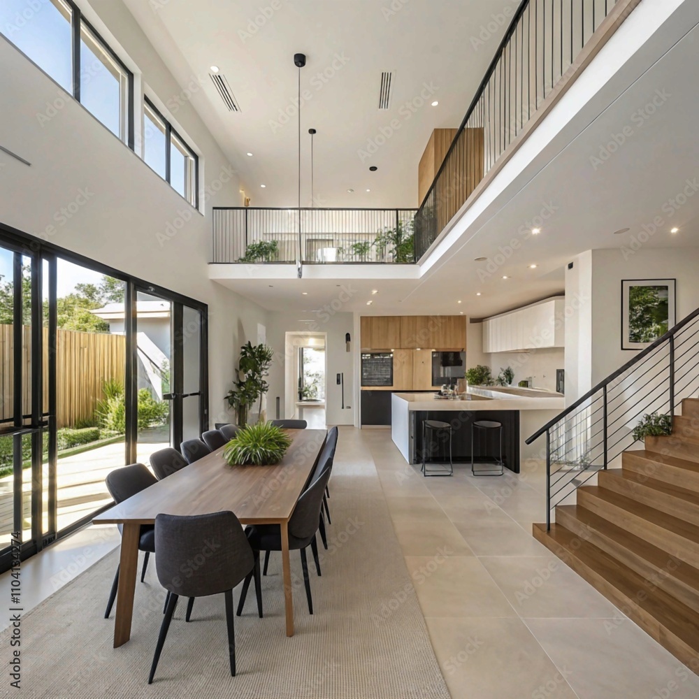 Fototapeta premium Modern two-story home with spacious living and dining areas.
