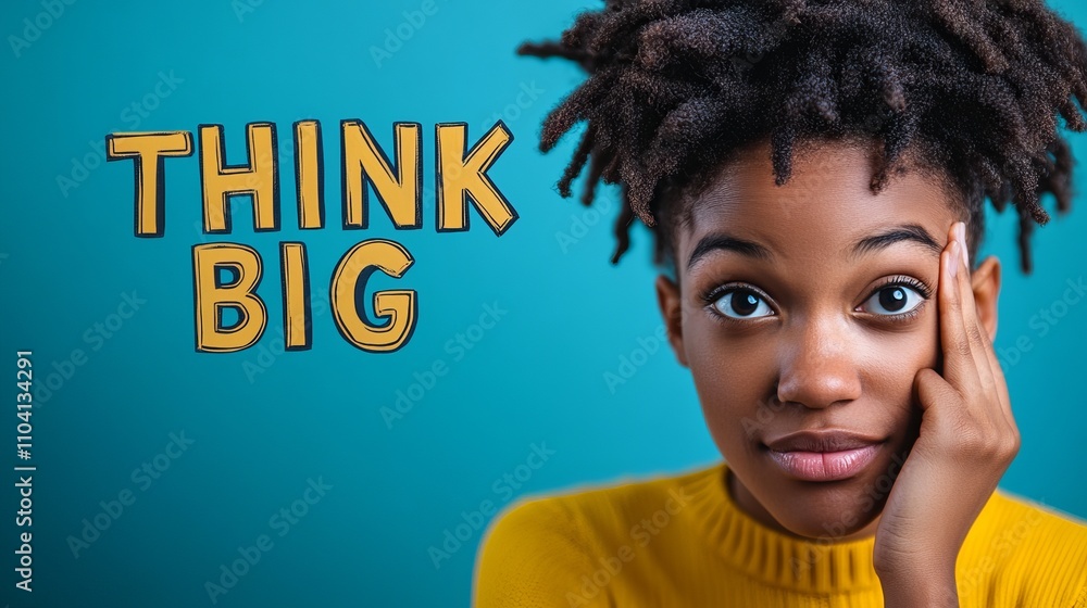 A young African American woman with playful hair poses thoughtfully against a vibrant blue background, encouraging an optimistic mindset with 'Think Big.' A young African American woman with playful hair poses thoughtfully against a vibrant blue background, encouraging an optimistic mindset with 'Think Big.'