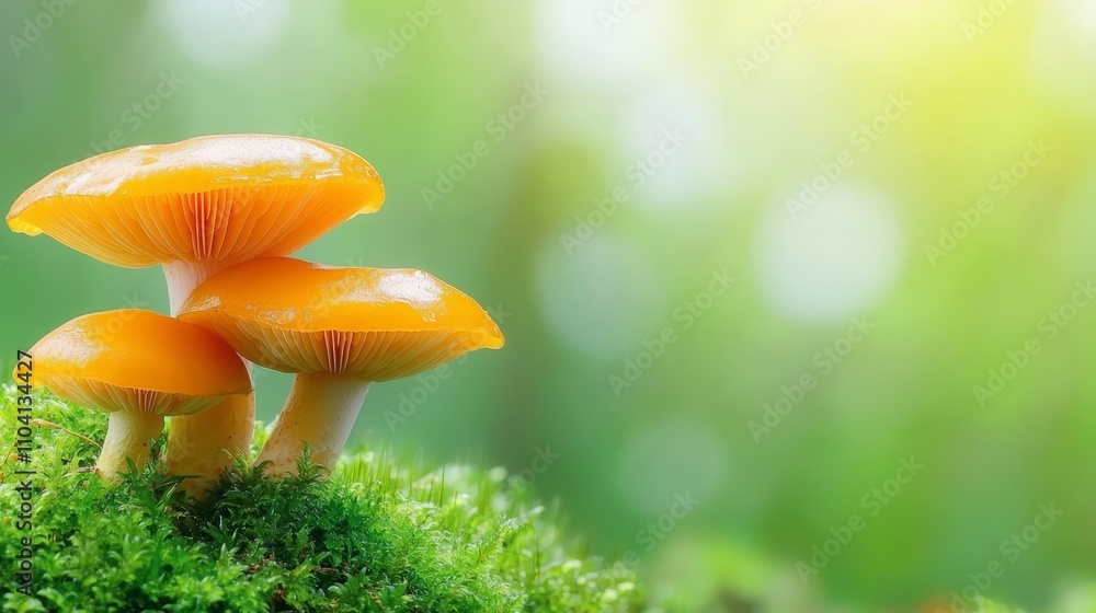 a group of orange mushrooms sitting atop a lush green moss-covered ground, with a blurred background a group of orange mushrooms sitting atop a lush green moss-covered ground, with a blurred background