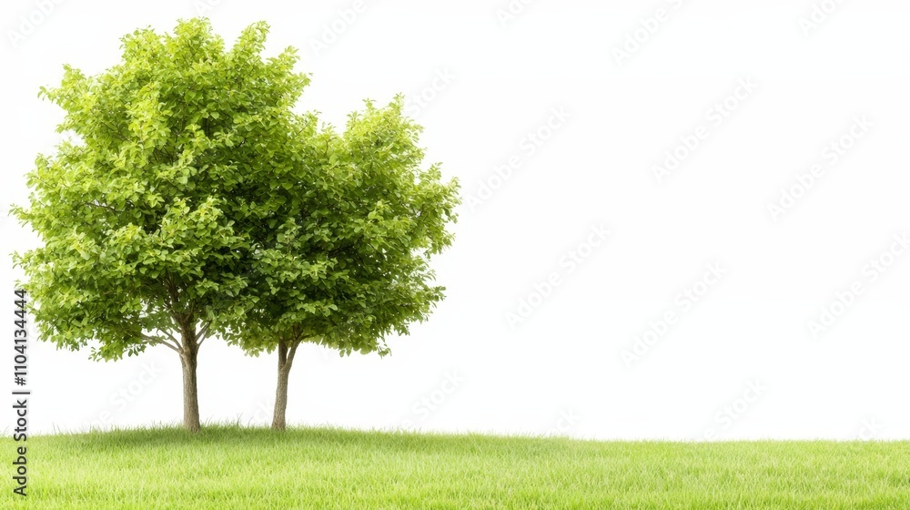 two trees standing in the middle of a lush green field, with a white background The grass is a vibrant green, and the trees are a deep, lush green The sun is shin two trees standing in the middle of a lush green field, with a white background The grass is a vibrant green, and the trees are a deep, lush green The sun is shin