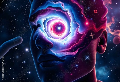 Human face changing into a swirling galaxy