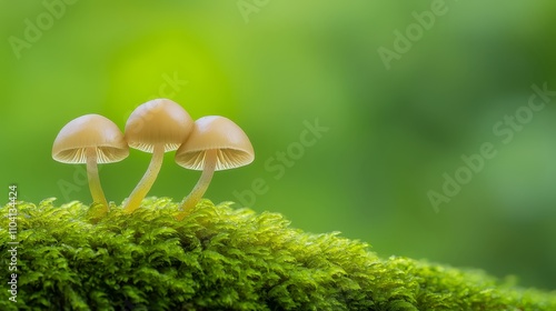 Wallpaper Mural  a group of small mushrooms sitting atop a moss-covered rock, with a blurred background Torontodigital.ca