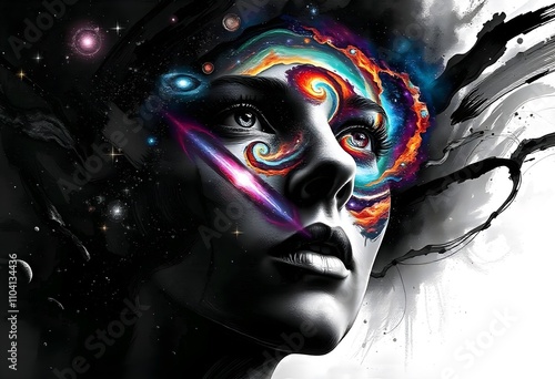 Human face changing into a swirling galaxy
