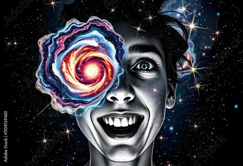 Human face changing into a swirling galaxy