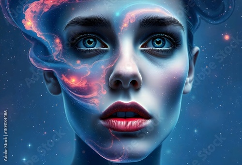 Human face changing into a swirling galaxy