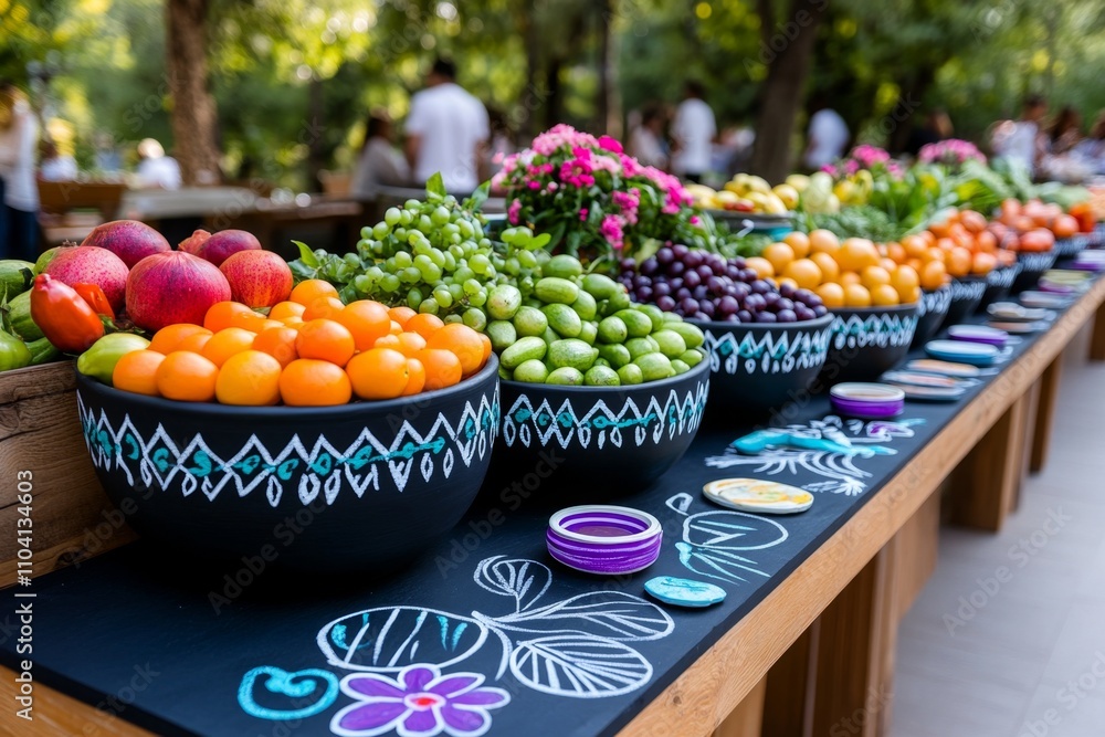 A rustic blackboard at a farmer market listing today fresh produce, with floral chalk designs on the edges A rustic blackboard at a farmer market listing today fresh produce, with floral chalk designs on the edges